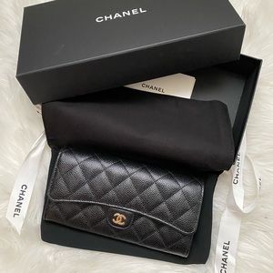 Classic CHANEL long wallet black caviar & gold.